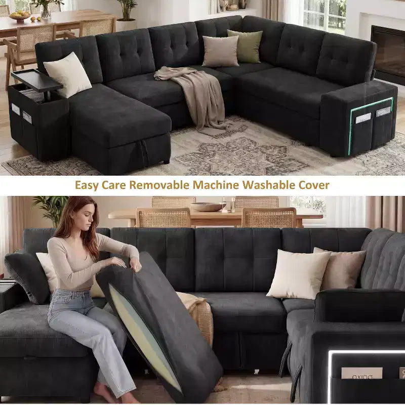 Divano letto componibile modulare Dyonery 112 con letto estraibile, divano componibile a U con contenitore, divani con seduta extra ampia e profonda per soggiorno