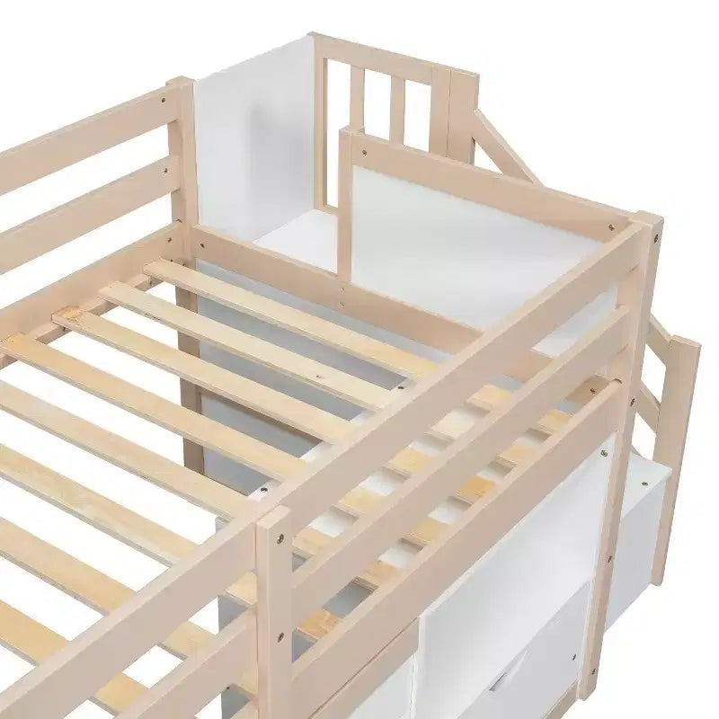 Letto a soppalco basso in legno massiccio, piazza e mezza, 94.6L x 42.3W, con scala, cassetto e mensola, design moderno e pulito