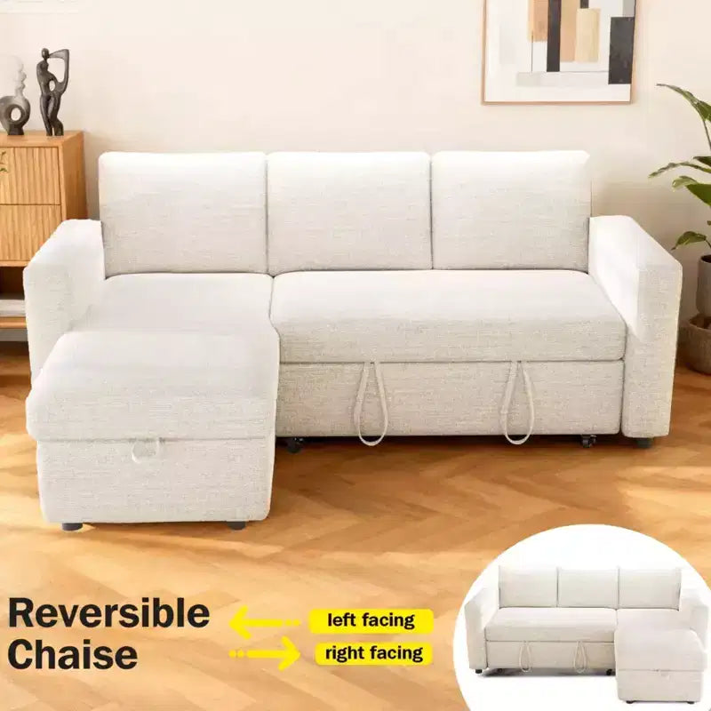 Divano Letto Estraibile 2 in 1 con Chaise Longue Contenitore, Divano Componibile in Ciniglia con Porte USB per Soggiorno