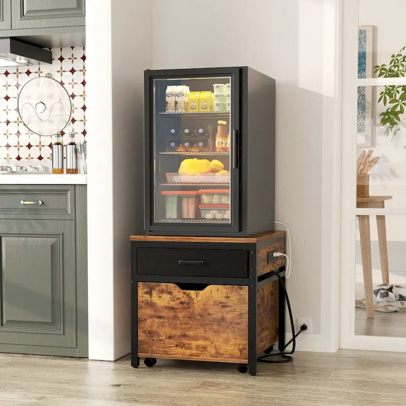 Mini Frigo con Stazione di Ricarica, Tavolino Laterale con Cassetti e Mobiletto su Ruote