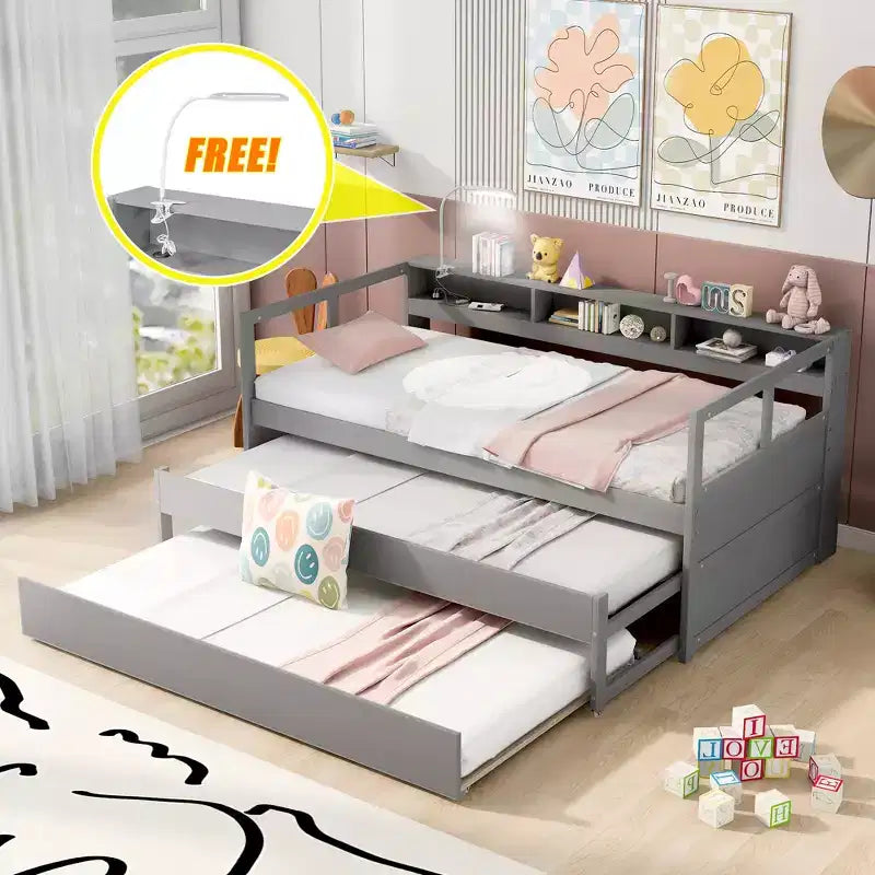 Whisen Twin XL Daybed in Legno con 2 Letti Estraibili, 3 Vani portaoggetti, 1 Luce Gratuita e USB per la Ricarica