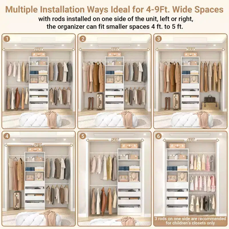 Besiost Sistema Organizer per Armadio in Legno 4-9 piedi con 4 Cassetti, 4 Aste Appendiabiti e Torri Scaffale