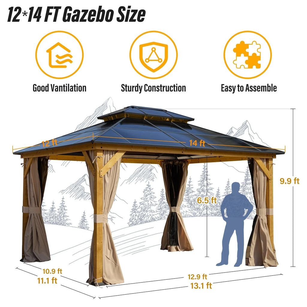 EROMMY Gazebo a tetto rigido, Pergola da esterno con doppio tetto, zanzariere e tende, Tenda da sole resistente per patio, cortile, feste in piscina