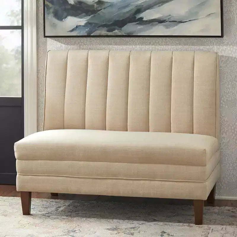 Lifestorey Set da Pranzo Banquette Kerrington con Schienale Canale, 4 Pezzi, Noce/Crema: Tessuto Effetto Lino, Tavolo con Piedistallo