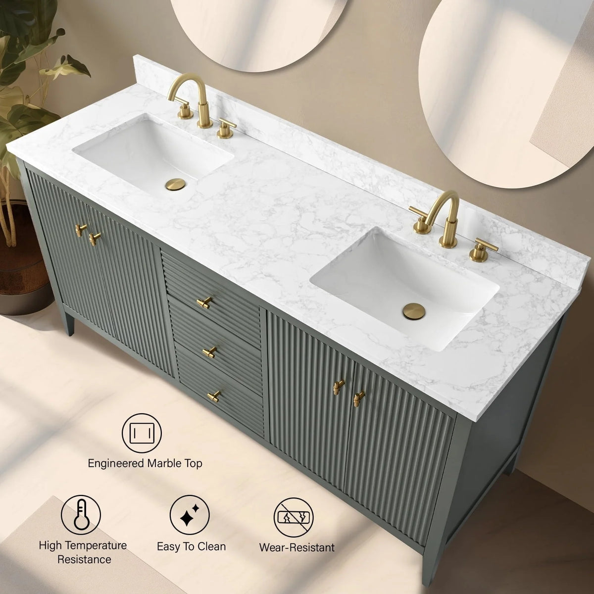 Mobile lavabo doppio Vanity Art 72 per bagno con piano in marmo composito
