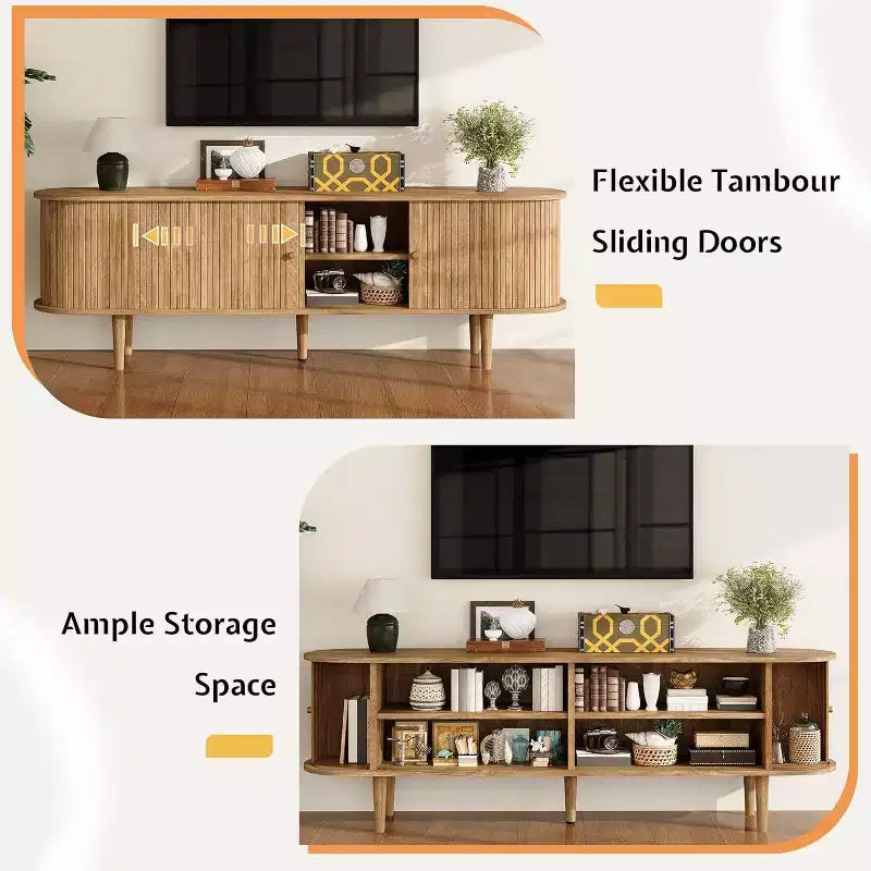 Mobile TV AMERLIFE 70 con gambe in legno massello, Consolle TV moderna di metà secolo con anta a tamburo