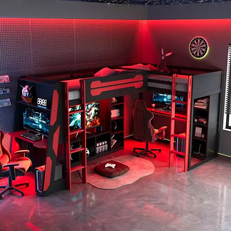 Letto a soppalco a L da gaming con scrivanie, letti a soppalco doppi con luci LED, porte USB, scaffali portaoggetti, letto a soppalco ad angolo in legno per 2