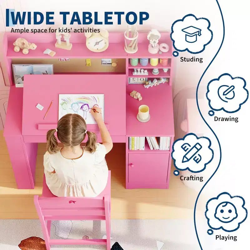 Set scrivania e sedia per bambini con contenitore, scrivania per bambini con libreria e inclinabile, per 3-8 anni, tavolo da scrittura per studenti per la cameretta