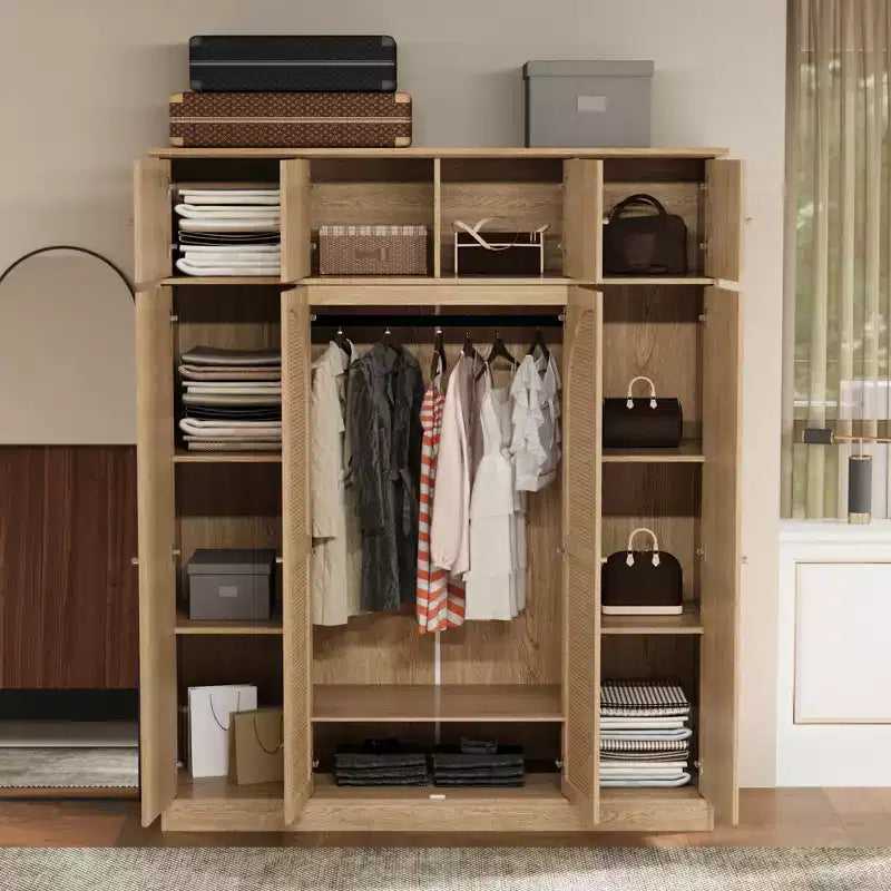 Armadio Guardaroba a 8 Ante di Grande Capacità, Alto 180 cm, con Asta Appendiabiti, Ripiani Regolabili e Ante Decorative in Rattan