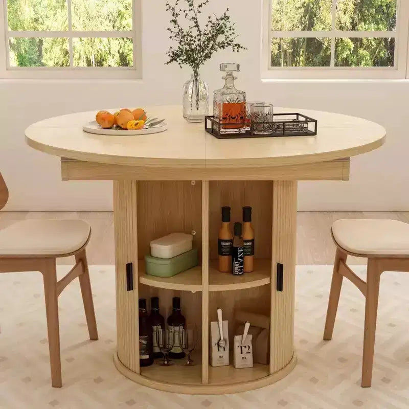 Dyonery 63 Table de salle à manger de cuisine ronde extensible avec étagère de rangement à 2 niveaux, avec base piédestal, meuble de salle à manger ovale en bois, noyer
