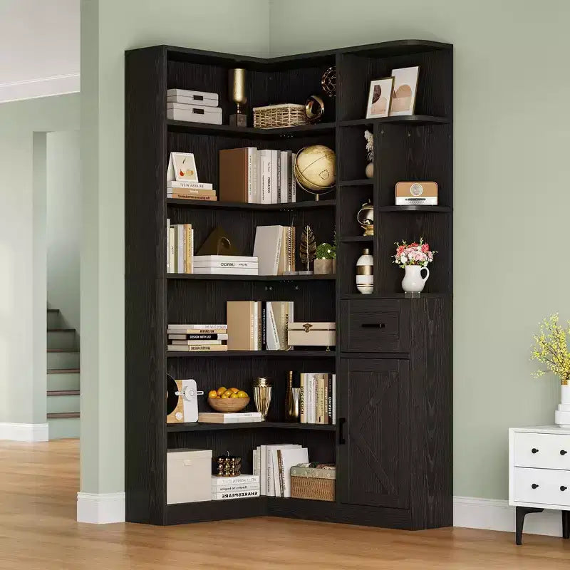 Libreria angolare, librerie angolari alte 74 pollici, libreria a forma di L a 6 livelli con ripiani aperti e cassetti portaoggetti per soggiorno o ufficio domestico