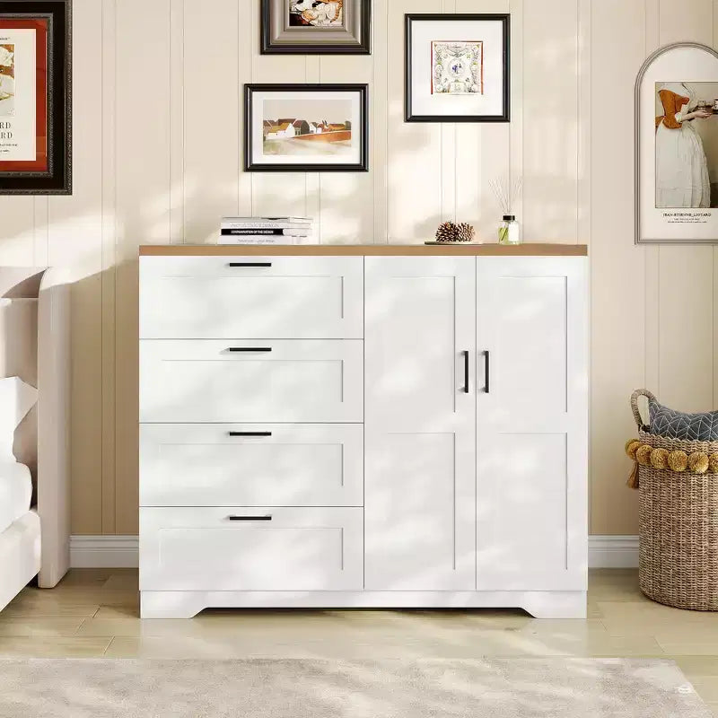 Guardaroba Armadio in Legno H 43.3 con 4 Cassetti e Asta Appendiabiti, Mobile Contenitore Multifunzionale per Camera da Letto