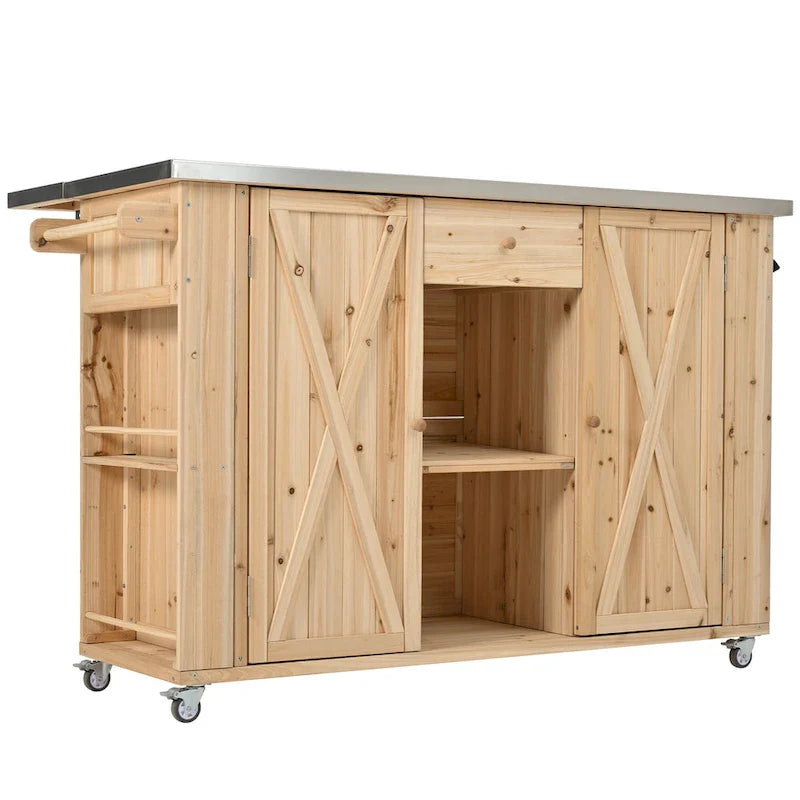 Isola da cucina per esterno, in legno di abete rustico con piano in acciaio inossidabile e vani intelligenti