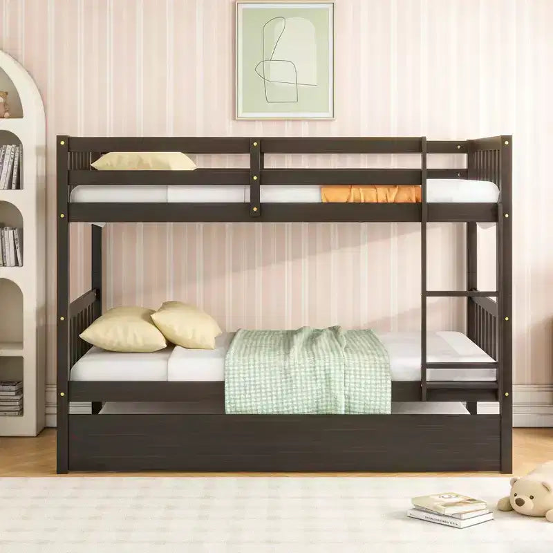 Letto a castello moderno in legno a due piani con letto estraibile, convertibile in 2 letti