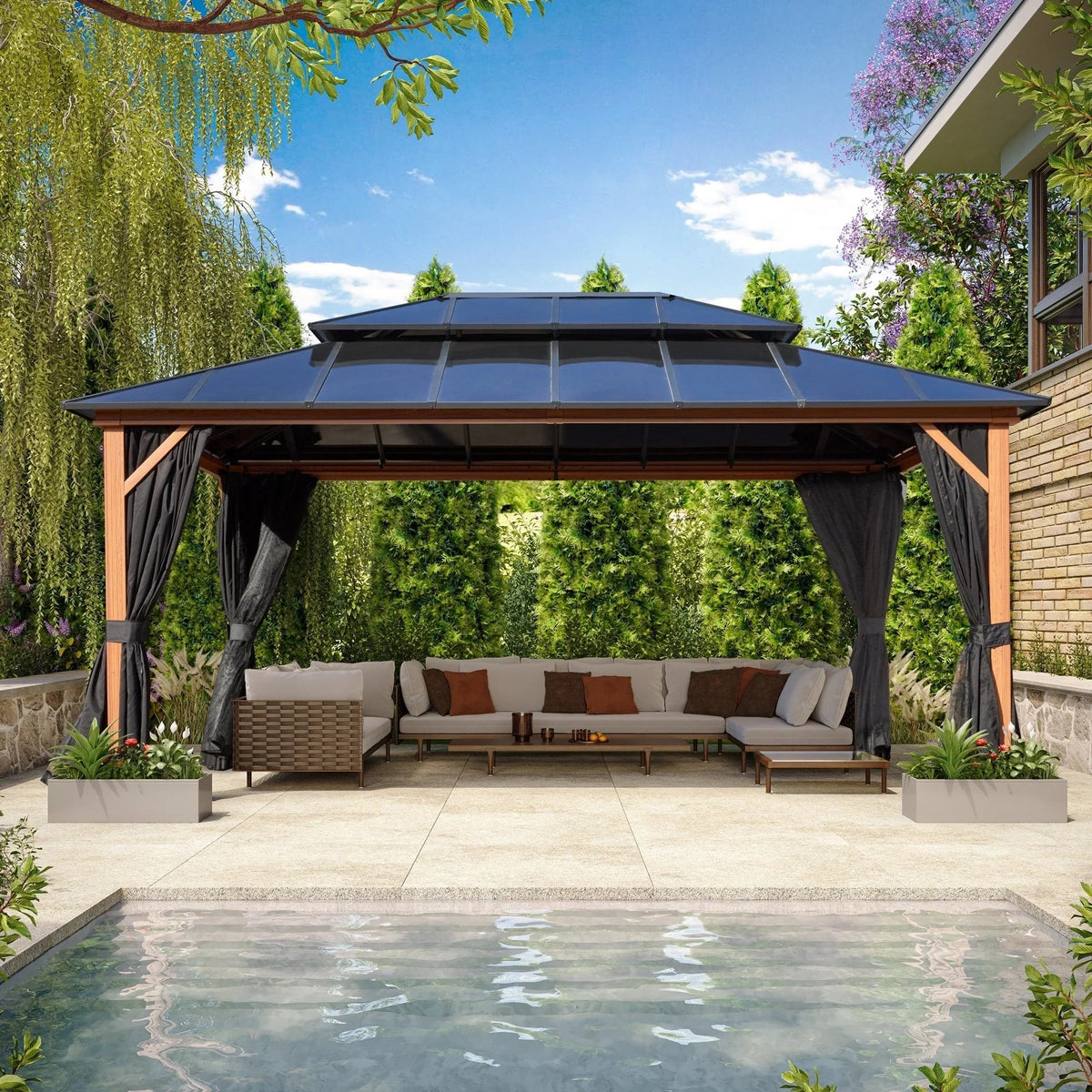 EROMMY Gazebo a tetto rigido, Pergola da esterno con doppio tetto, zanzariere e tende, Tenda da sole resistente per patio, cortile, feste in piscina