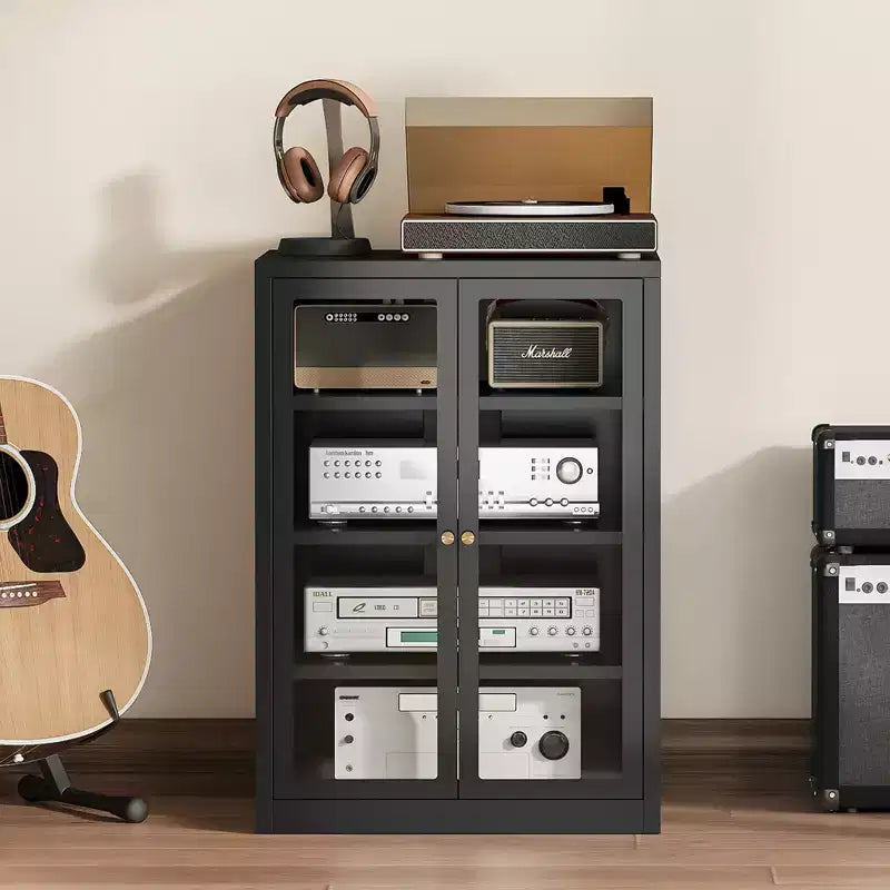 Bekrvio Mobiletto in Metallo, Mobile Stereo a 4 Livelli con Ante in Vetro e Ripiani Regolabili, Rack Audio AV con Gestione Cavi