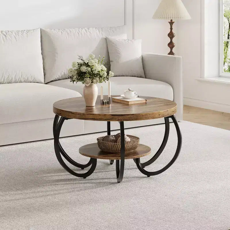 Tavolino Industriale Rotondo da 30 Pollici a 2 Livelli con Piedini Regolabili Ripiano Effetto Legno Design Fiamma Facile da Montare Soggiorno
