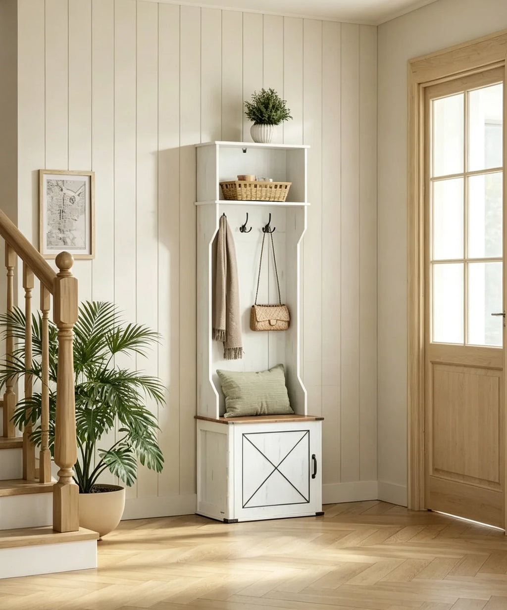 Albero da ingresso con panca e scarpiera, appendiabiti con panca per scarpe, mobili per ingresso, 3 ganci tripli, anta con maniglia, bianco rustico