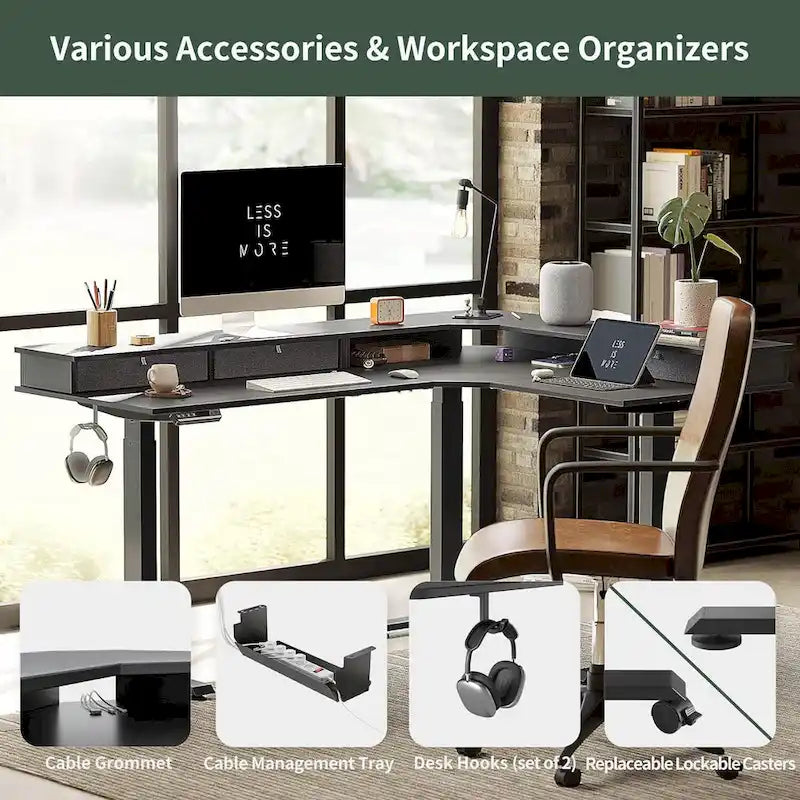 Scrivania elettrica angolare ad altezza regolabile con 3 cassetti e ruote bloccabili, 160 cm