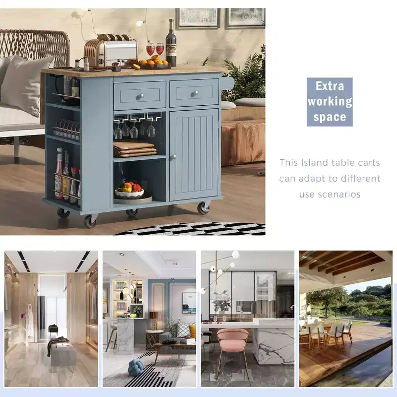 Isola da Cucina Mobile con Presa di Corrente, Piano Ribaltabile e Top in Legno di Gomma