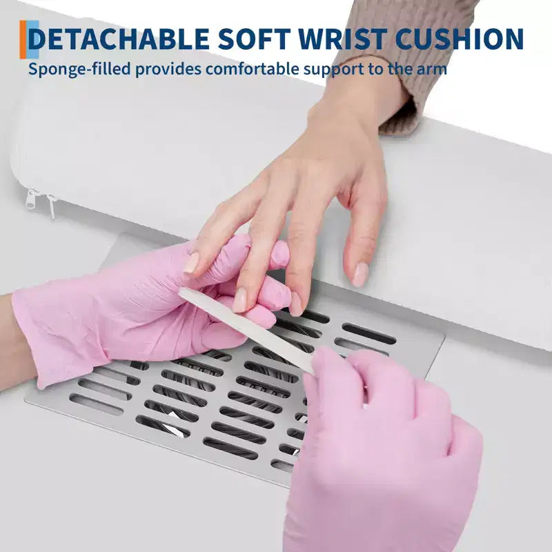 Tavolo manicure da 42'' per onicotecnica con raccoglitore di polvere e poggia polso, scrivania per unghie con armadietto verticale estraibile, 1 mobiletto portaoggetti, 2 cassetti