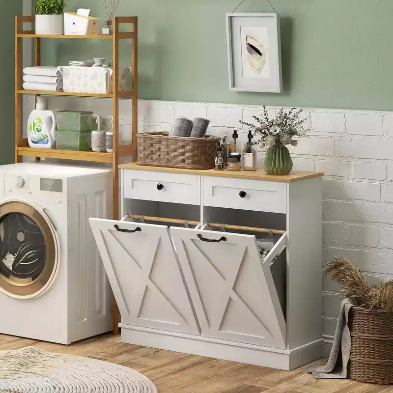 HOMCOM Mobile Contenitore da Bagno Salvaspazio con Cesti per la Biancheria Inclinabili, 2 Cesti Rimovibili e 2 Cassetti