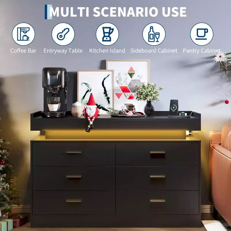 Mobile TV moderno con 6 cassetti e luci LED, bancone galleggiante per caffè/bar, per soggiorno, centro di intrattenimento