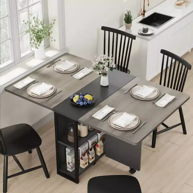 Tavolo da Pranzo Pieghevole per Cucina, Tavolo da Pranzo Salvaspazio, Tavolo da Cucina Estensibile con Ante a Sbalzo e 6 Ruote per Piccoli Spazi