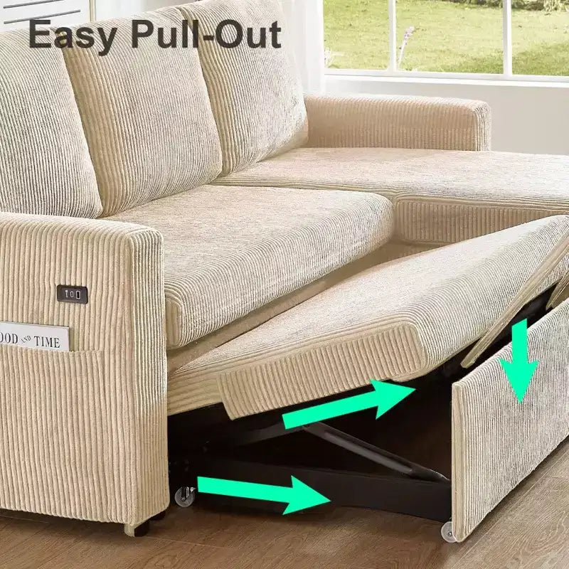 Divano Letto Estraibile 2 in 1 Dyonery con Chaise Longue Contenitore e USB, Divano Angolare in Velluto a Coste per Soggiorno