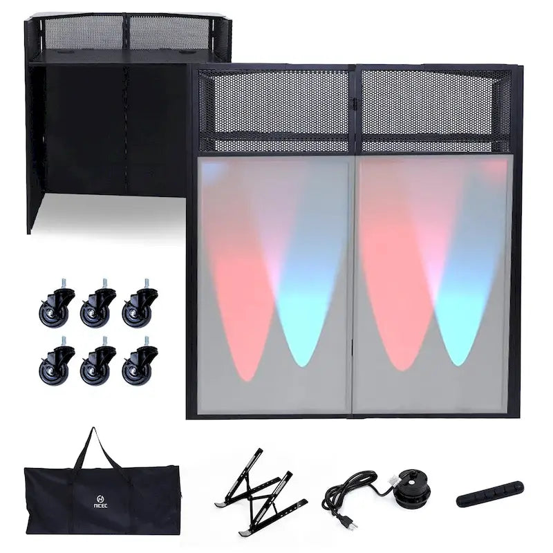 Set Tavolo per DJ Portatile con Tessuti di Copertura Illuminati Integrati, Robusta Custodia per il Trasporto e Dimensioni Compatte di 101x51 cm