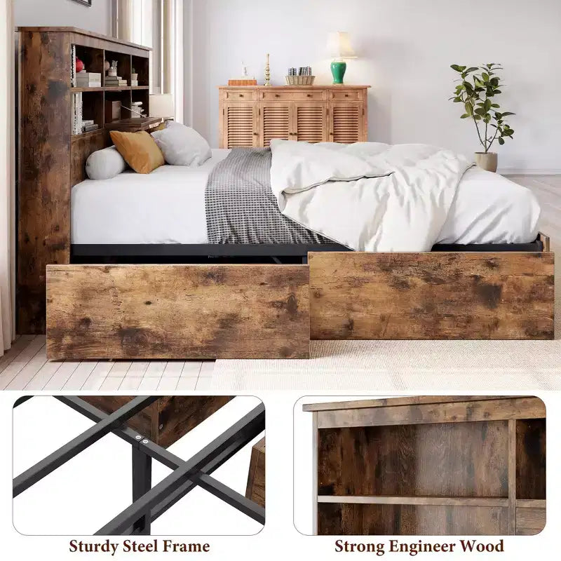 Struttura Letto Matrimoniale con Testiera Contenitore, Struttura Letto in Legno con 4 Cassetti, Libreria Contenitore e Letto a Piattaforma King Size con Robusto Supporto in Metallo