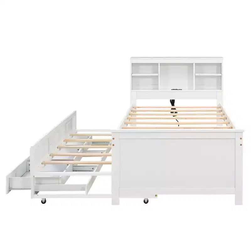 Letto a piattaforma con letto estraibile e cassetti, Letto a piattaforma contenitore con USB, Letto a piattaforma in legno con libreria