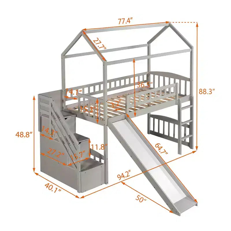 Letto a soppalco a castello con scivolo e scale, letto a soppalco con cassetti contenitori, letto a soppalco in legno a capanna per bambini e neonati
