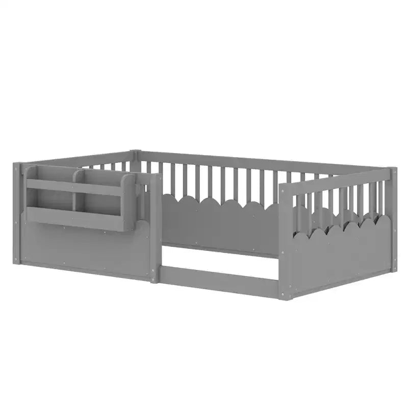 Lit d'enfant Bellemave avec clôture rehaussée et étagère, cadre de lit Montessori double en bois pour filles et garçons
