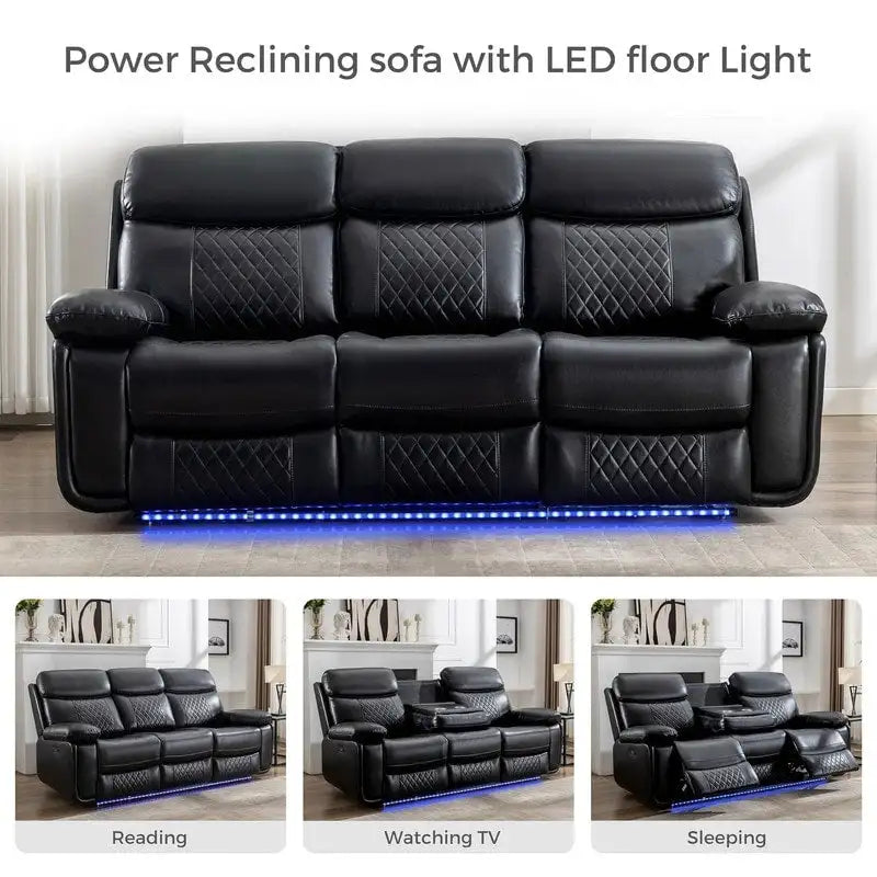 Divano reclinabile elettrico con caricabatterie wireless, luce di lettura, luce LED per soggiorno, similpelle, porta AC/USB, portabicchieri, nero
