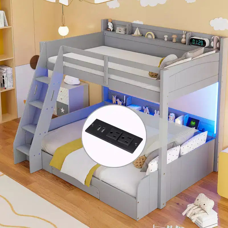 Letto a Castello con Letto Matrimoniale a Una Piazza e Mezza, con Contenitore, Luci a LED e Stazione di Ricarica, Letto a Castello in Legno con Scaffali Laterali per Bambini e Ragazzi