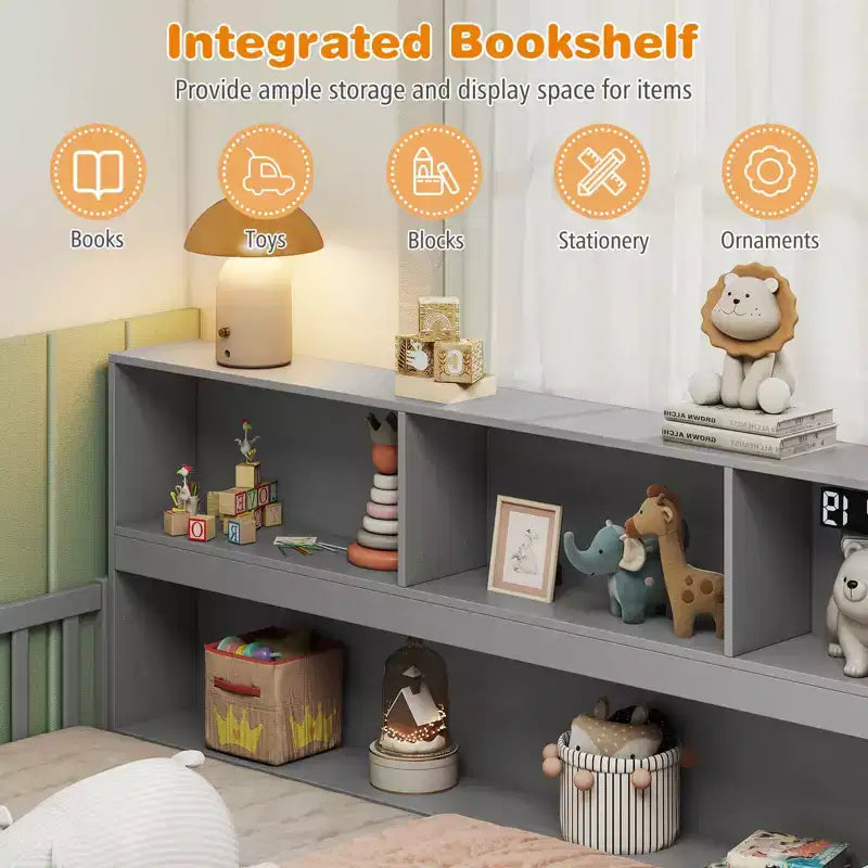 Letto a terra Montessori per materasso singolo/una piazza e mezza con libreria, ripiani e sponde di sicurezza bianco/grigio