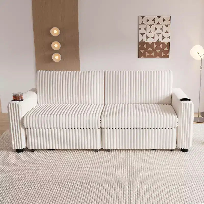 Divano Letto Sezionale Dyonery 91 con Letto Estraibile, Schienale Reclinabile/Due Letti Estraibili/Porte USB/Portabicchieri, Velluto a Coste Peluche