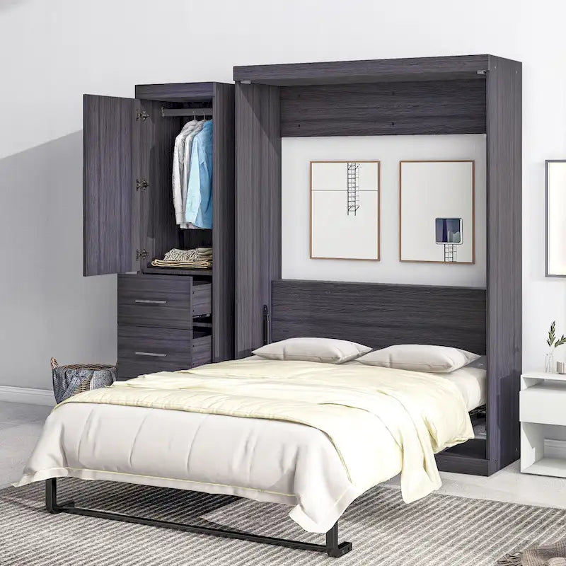 Letto Murphy pieghevole grigio con armadio e 3 cassetti, matrimoniale/singolo, 1 persona