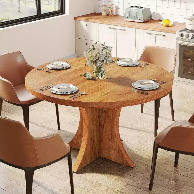 Lantine Tavolo da Pranzo Rotondo da 120 cm per 4-6 persone, Tavolo da Cucina Stile Rustico con Base a Piedistallo, Tavolino da Pranzo per Sala da Pranzo, Soggiorno, Marrone