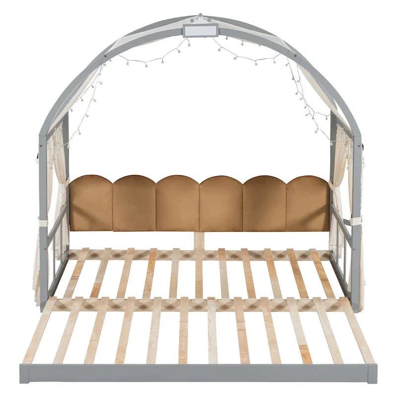 Letto a piattaforma in legno massiccio a forma di casetta, letto Montessori a terra con tetto ad arco e letto estraibile per bambine e bambini