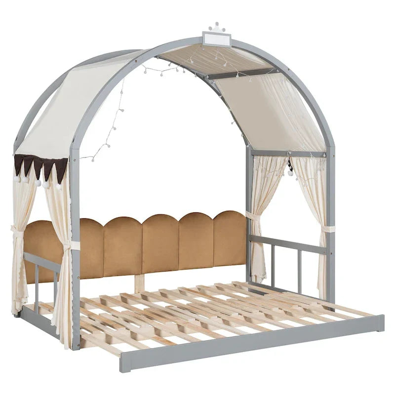 Letto a piattaforma in legno massiccio a forma di casetta, letto Montessori a terra con tetto ad arco e letto estraibile per bambine e bambini