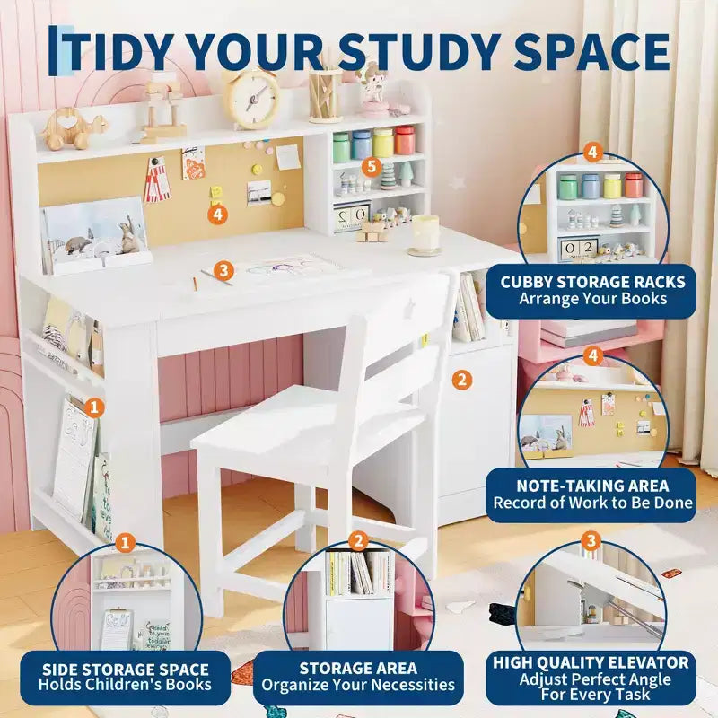 Set scrivania e sedia per bambini con contenitore, scrivania per bambini con libreria e inclinabile, per 3-8 anni, tavolo da scrittura per studenti per la cameretta