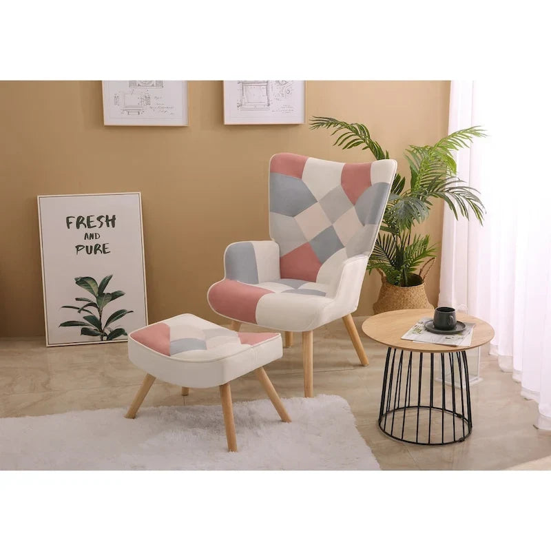 Poltrona con Pouf, Set Sedia e Ottomana per Soggiorno, Comoda Poltroncina Laterale per Camera da Letto, Superficie in Tessuto con Giunture Creative
