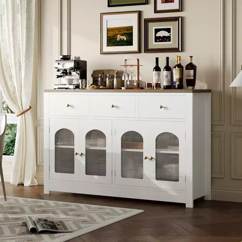 Credenza stretta da 140 cm con 3 cassetti e 4 ante per cucina, sala da pranzo, soggiorno