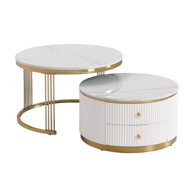 Tavolino da caffè rotondo impilabile con cassetti, 2 pezzi, colore: bianco