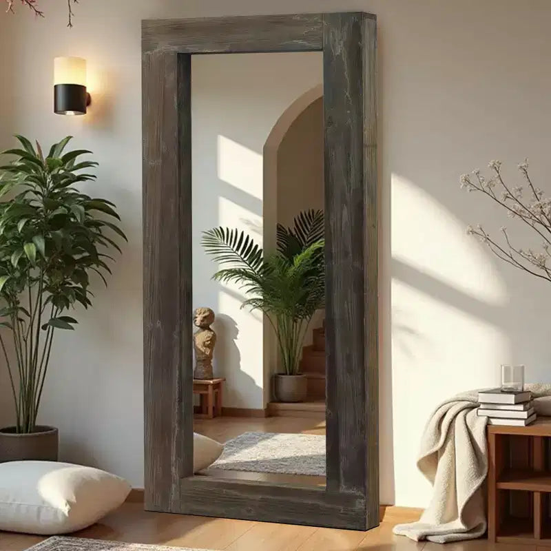 Specchio intero marrone usato, rettangolare ad angolo retto in legno massello, 71x31 pollici (senza staffa)