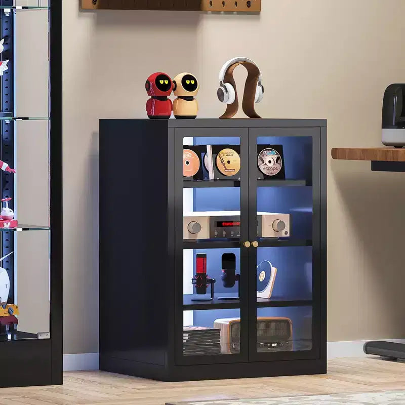 Bekrvio Mobiletto in Metallo, Mobile Stereo a 4 Livelli con Ante in Vetro e Ripiani Regolabili, Rack Audio AV con Gestione Cavi