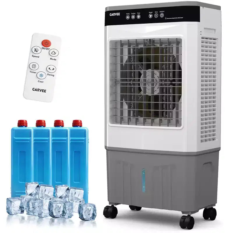 Raffrescatore Evaporativo con Serbatoio dell'Acqua, 4 Sacchetti di Ghiaccio, 3 Velocità, Oscillazione di 120°, Telecomando e Timer di 12 Ore, 150W Portatile da Pavimento