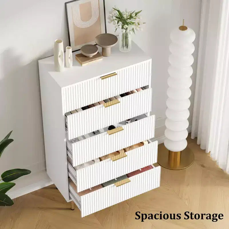 Comò a 5 cassetti bianco / marmo e legno – Pannello scanalato, per uso singolo